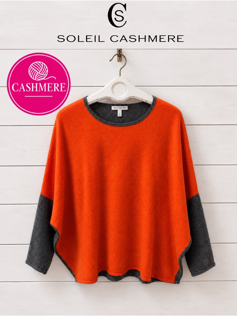 Soleil Cashmere Oversized Cashmere Sweater – Orange & Charcoal – Size M